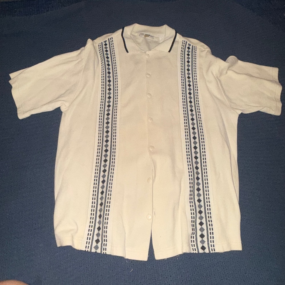 Code Zero Vintage Mens XL Knit Button Up Shirt Cream Geometric Rockabilly Retro
